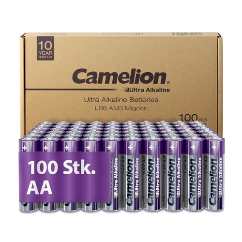 Camelion Ultra Alkaline Batterien AA – AA Batterien 100 Stück, Batterien 10 Jahre Haltbarkeit, Umweltfreundlich, Batterie AA, Batterie Digitalkameras, Fernbedienungen, Weihnachtsbeleuchtung (100x AA) von Camelion