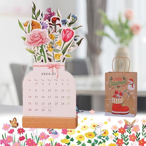 Bloomylog - 2025 Bloomy Flower Calendar, Bloomy Flowers Desk Calendar 2025, Lanenow Flower Calendar with Wooden Base, Mini Creative Removable Vase Shaped Monthly Calendar Planner (B) von Camic
