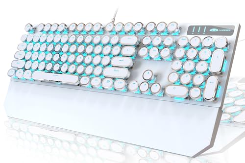 Mechanische Gaming-Tastatur im Schreibmaschinen-Stil, weiße Retro-Punk-Gaming-Tastatur mit blauer Hintergrundbeleuchtung, 104 Tasten, niedliche Tastatur, runde Tastaturen für Windows/Mac/PC von Camiysn