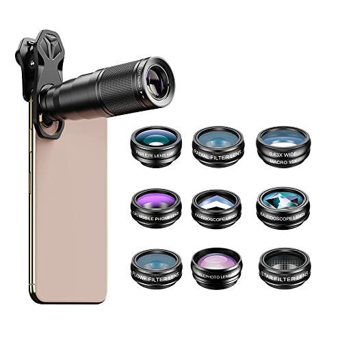 Camnoon 10-in-1 Phone Lens Kit mit 22x Teleobjektiv,198° Fischaugenobjektiv, Kaleidoskopobjektiv, 0,63x Weitwinkelobjektiv,15x Makroobjektiv, verschiedenen Filterlinsen, Universal-Clip für Smartphone von Camnoon