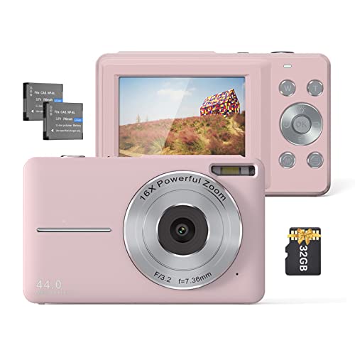 Camnoon 1080P 44 MP Digitalkamera Camcorder Autofokus 2,5 IPS-Bildschirm 16X Digitalzoom Anti-Shake-Gesichtserkennung, Lächelnerfassung mit 32 GB TF-Karte 2 Batterien, Geschenk für Kinder (Rosa) von Camnoon