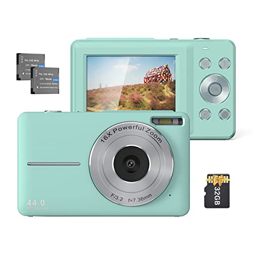 Camnoon 1080P 44 MP Digitalkamera Camcorder Autofokus 2,5 IPS-Bildschirm 16X Digitalzoom Anti-Shake-Gesichtserkennung, Lächelnerfassung mit 32 GB TF-Karte 2 Batterien, Geschenk für Kinder (Mintgrün) von Camnoon