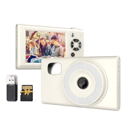 Camnoon 1080P Digitalkamera, 48 MP Fotokamera, 16X Digitalzoom, eingebautes LED-Fülllicht, 700-mAh Akku mit 32 GB TF-Karte, USB-Kartenleser für Teenager, Kinder, Freunde (Weiß) von Camnoon