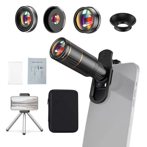 Camnoon 4-in-1 Telefonobjektivset mit 22X Teleobjektiv, 205°-Fisheye-Objektiv, 4K-0,67X Weitwinkelobjektiv, 25X Makroobjektiv, Objektivclip, Telefonlippe und Stativ für iOs und Android-Smartphones Camnoon 4-in-1 Telefonobjektivset mit 22X Teleobjektiv, 205°-Fisheye-Objektiv, 4K-0,67X Weitwinkelobjektiv, 25X Makroobjektiv, Objektivclip, Telefonlippe und Stativ für iOs und Android-Smartphones von Camnoon