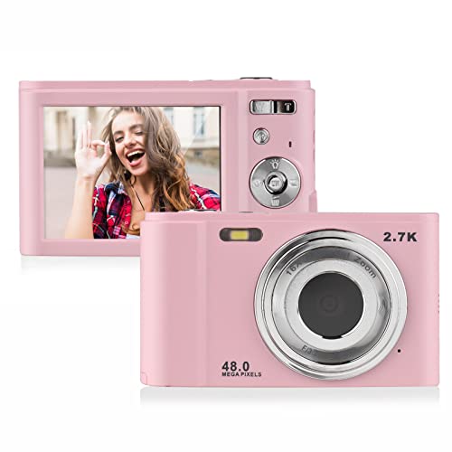 Camnoon Digitalkamera Autofokus 48 MP 2,7 K Fotoapparat 2,88-Zoll 16X Digital Zoom Selbstauslöser 128 GB Erweiterter Speicher Anti-Shaking mit 2 Batterien für Kinder Anfänger Rosa von Camnoon