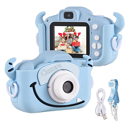 Camnoon Kinder-Digitalkamera 1080P 2,0-Zoll Kuh-Stil-Silikonhülle Digital-Videokamera Dual-Objektiv Eingebauter Akku mit Umhängeband Geburtstag für 3-12 Jahre Jungen Mädchen(Blau) von Camnoon