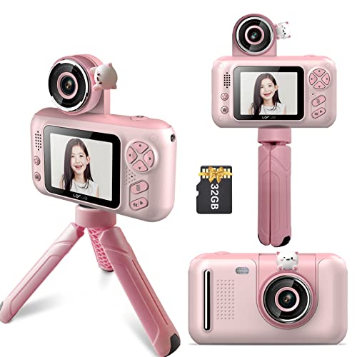 Camnoon1080P Digitalkamera für Kinder Mini-Videokamera 40 MP 2,4-Zoll 180° drehbares Objektiv Eingebauter Akku mit Umhängeband Mini-Desktop 32 GB Speicherkarte Stativ Geschenk für Jungen Mädchen von Camnoon