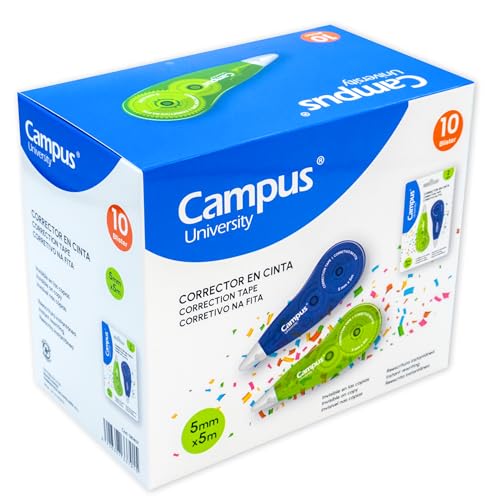 Campus Korrekturband, weiß, 5 mm x 5 m, Blisterpackung mit 2 Korrekturbändern auf recycelbarem Band, Schreibkorrektor für sofort trocknende Stifte, Schulkorrekturroller (Box 10 Stück) von Campus