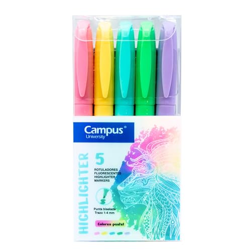 Campus Textmarker Pastell, Marker mit abgeschrägter Spitze, Packung mit 5 Highlighter Pen in Pastellfarben, Textmarker auf Wasserbasis (Packung mit 5 Pastellfarben) von Campus
