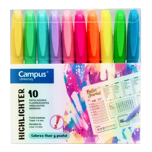 Campus Textmarker mit abgeschrägter Spitze, 10 Stück, Neon- und Pastellfarben, Textmarker auf Wasserbasis (Packung mit 10 Neon- und Pastellfarben) von Campus