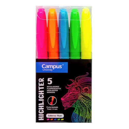 Campus Textmarker mit abgeschrägter Spitze, 5 Neonfarben, Textmarker auf Wasserbasis (Packung mit 5 Neonfarben) von Campus