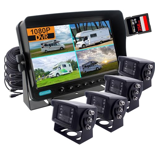 CAMSLEAD 7 Zoll Monitor 1080P Rückfahrkamerasystem, DVR Recorder, Unterstützung Einer 256GB SD Karte, 4-Kanal-Eingang, Quad-Split-Screen,1080P-Rückfahrkamera für LKW, Anhänger, Wohnmobil, Wohnwagen von Camslead