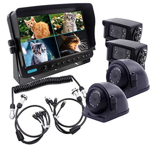 CAMSLEAD Autokamera-Monitorsystem 9-Zoll-TFT-LCD-Monitor mit vierfach geteiltem Bildschirm, 4 x Kameras + Anhängerkupplungs-Schnellkupplungs-Trennkit, geeignet für Wohnwagen mit Sattelkupplung von Camslead
