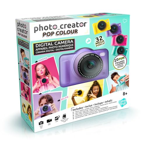 C Toys Digitalkamera für Kinder, Doppelobjektiv – kompakte Mini-Kamera Violett mit Selfiemodus für 8 Jahre – 32 Megapixel, LCD-Display, 20 Rahmen und 5 Filter, SD-Karte 4 GB inklusive von Canal Toys