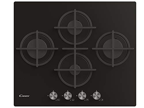 Candy CVG6DPB Gasherd aus gehärtetem Glas, 4 Brenner, Einbaugrill, Gusseisen, Sicherheitsventil, LPG und Methan, 60 x 51 x 95 cm, Schwarz von Candy