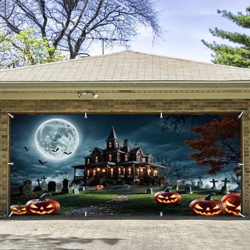 Canessioa Halloween-Garagentor-Abdeckung, Banner, Dekorationen, gruseliges Friedhofshaus, Spukhaus, böser Kürbis, Lampe, Vollmond, Outdoor-Fotografie, Hintergrund, Themenparty, Hintergrund Canessioa Halloween-Garagentor-Abdeckung, Banner, Dekorationen, gruseliges Friedhofshaus, Spukhaus, böser Kürbis, Lampe, Vollmond, Outdoor-Fotografie, Hintergrund, Themenparty, Hintergrund von Canessioa