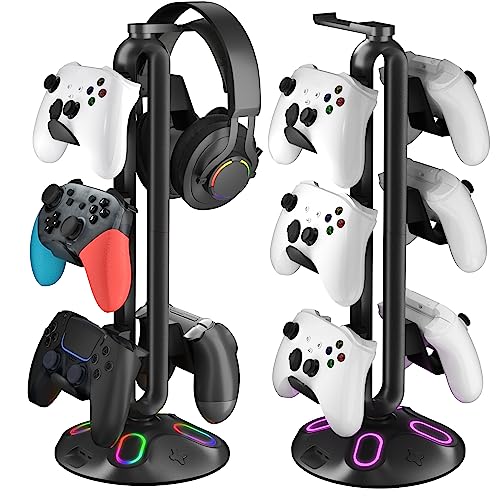 Canmarin Gaming RGB Kopfhörerständer, Controller-Halterung mit 9 Lichtmodi – Headset-Ständer mit 2 USB-Ladeanschlüssen und 3,5 mm & Typ-C – Controller-Ständer Aufhänger Zubehör für Schreibtisch und von Canmarin