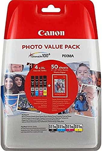 Canon CLI-551 XL C M Y BK Vorteilspack 4 Tintenpatronen (Schwarz XL, Cyan XL, Magenta XL, Gelb XL) (Veraltete Kunststoffverpackung 2018) von Canon