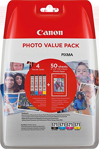 Canon CLI-571 BK/C/M/Y Druckertinte - hohe Reichweite + Fotopapier Value Pack für PIXMA Tintenstrahldrucker ORIGINAL von Canon