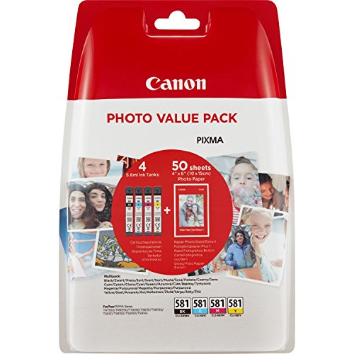 Canon CLI-581 BK/C/M/Y Tinte + Fotopapier - Value Pack jeweils 5,6 ml für PIXMA Tintenstrahldrucker ORGINAL von Canon