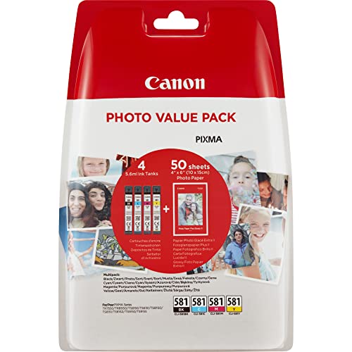 Canon CLI-581 C M Y BK VALUE Vorteilspack 4 Tintenpatronen (Schwarz, Cyan, Magenta, Gelb) +50 Blatt 10x15cm Canon Photo Paper (Veraltete Kunststoffverpackung 2018) von Canon