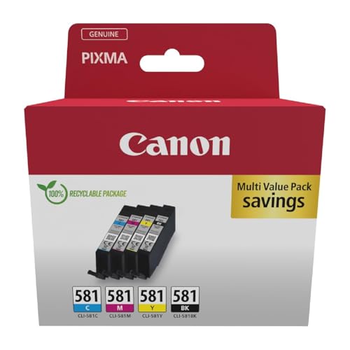 Canon CLI-581 C M Y BK Vorteilspack 4 Tintenpatronen (Schwarz, Cyan, Magenta, Gelb) Original [Umweltfreundliche Recycle-Kartonverpackung 2024 mit Diebstahl Sicherungsetikett] von Canon