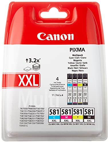 Canon CLI-581 XXL C M Y BK Vorteilspack 4 Tintenpatronen höchste Reichweite XXL (Schwarz XXL, Cyan XXL, Magenta XXL, Gelb XXL) (Veraltete Kunststoffverpackung 2018) von Canon