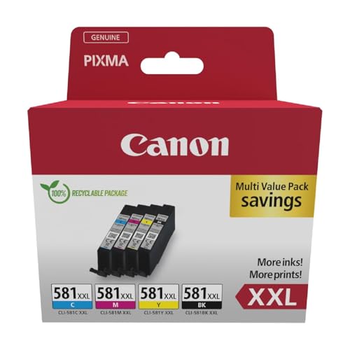 Canon CLI-581 XXL C M Y BK Vorteilspack 4 Tintenpatronen höchste Reichweite XXL (Schwarz XXL, Cyan XXL, Magenta XXL, Gelb XXL) Original [Umweltfreundliche Recycle-Kartonverpackung 2024] von Canon