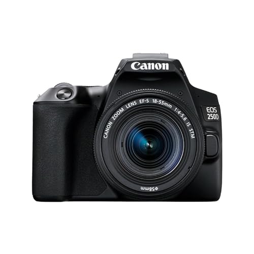 Canon EOS 250D APS-C DSLR-Kameragehäuse mit EF-S 18-55mm F4-5.6 is STM Objektiv | 24,1 Megapixel, dreh- und schwenkbarer 3-Zoll-LCD-Touchscreen, 4K-Video, Dual Pixel CMOS AF, Bluetooth – Schwarz von Canon