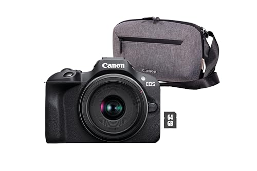 Canon EOS R100 + RF-S 18-45mm F4.5-6.3 is STM Objektiv + Kameratasche + 64GB SD-Karte (Spiegellose Digitalkamera, 4k Videokamera, 24,1 Megapixel, Bildstabilisator, Objektivsteuerring, WLAN) schwarz von Canon