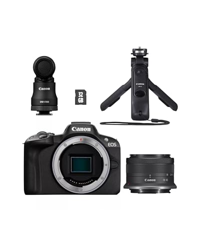 Canon EOS R50 Creator Kit Vlogging Kamera + RF-S 18-45 is STM Objektiv + Griffstativ + Mikrofon - Spiegellose Kamera (Systemkamera, Digitalkamera mit Autofokus und Motiverkennung, 4k Videokamera) von Canon