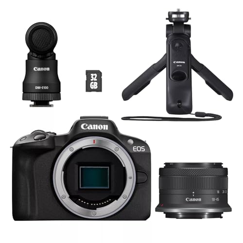 Canon EOS R50 Creator Kit Vlogging Kamera + RF-S 18-45 is STM Objektiv + Griffstativ + Mikrofon - Spiegellose Kamera (Systemkamera, Digitalkamera mit Autofokus und Motiverkennung, 4k Videokamera) von Canon