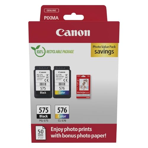 Canon Originaltinte PG-575 / CL-576 (2 Tintenpatronen; Schwarz+Farbe) - Photo Value Pack (inkl. Canon Fotopapier GP-501 50 Blatt 10x15cm) von Canon