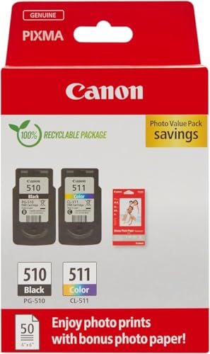 Canon PG-510/CL-511 Vorteilspack 2 Tintenpatronen (Schwarz + Farbe) Original +50 Blatt 10x15cm Photo Paper [Umweltfreundliche Recycle-Kartonverpackung 2024] von Canon