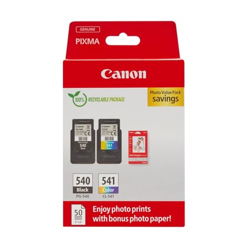 Canon Tinte & Papier Multipack - PG-540/CL-541 Original Drucker-Tintenpatronen 2er-Pack (1 x Schwarz, 1 x Farbe) & 4x6 Fotopapier (50 x Blatt) - Für PIXMA TS5150, TS5151, MG3650s, MG4250, TS5100 von Canon