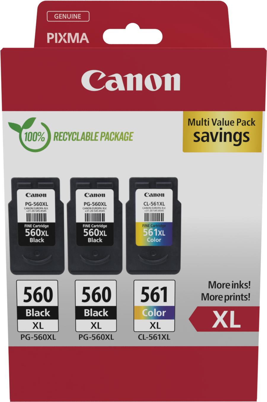 Canon PG-560XL x2/CL-561XL Multi Value Pack - 3er-Pack - Hohe Ergiebigkeit - Schwarz, Farbe (Cyan, Magenta, Gelb) - original - Hängebox - Tintenpatrone - für PIXMA TS5350, TS5351, TS5352, TS5353, TS7450 (3712C009) von Canon