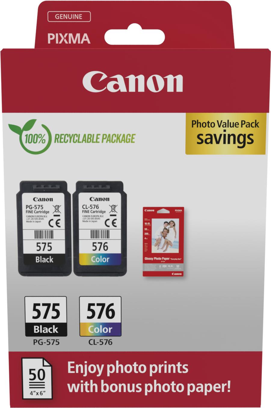 Canon PG-575/CL-576 Photo Paper Value Pack - 2er-Pack - Schwarz, Farbe (Cyan, Magenta, Gelb) - original - Hängebox - Tintenpatrone / Papierkit - für PIXMA TR4750i, TR4751i, TR4755i, TS3550i, TS3551i (5438C004) von Canon