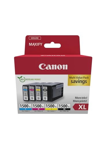 Canon PGI-1500 XL C M Y BK Vorteilspack 4 Tintenpatronen größere Reichweite XL (Schwarz XL, Cyan XL, Magenta XL, Gelb XL) Original [Umweltfreundliche Recycle-Kartonverpackung 2024] von Canon