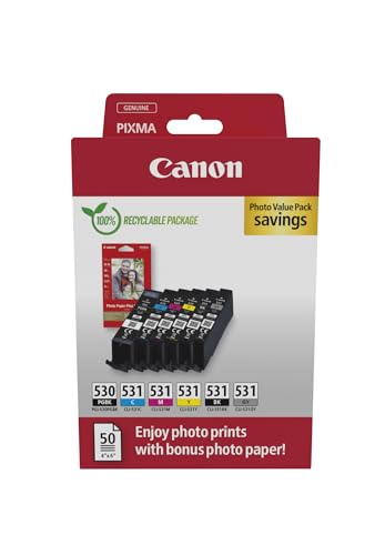 Canon PGI-530 / CLI-531 Original-Tintenpatronen, 6er-Pack (2 x Schwarz, Cyan, Magenta, Gelb, Grau), inklusive 50 Blatt 4x6-Fotopapier - Kompatibel mit PIXMA TS8750 / TS8751 von Canon