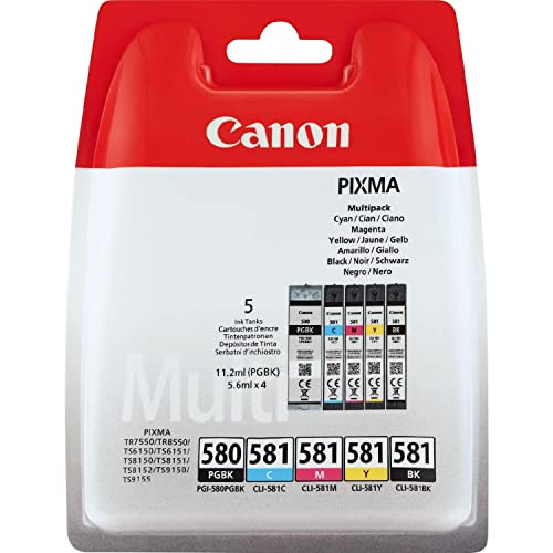 Canon PGI-580 CLI-581 BK C M Y PGBK Vorteilspack 5 Tintenpatronen (Schwarz, Cyan, Magenta, Gelb Pigment-Schwarz) (Veraltete Kunststoffverpackung 2018) von Canon
