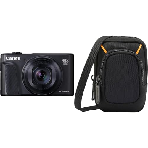 Canon PowerShot SX740 HS Digitalkamera (20,3 MP, 40-Fach optischer Zoom, 7,5cm (3 Zoll) Display, DIGIC 8, 4K Ultra HD) schwarz & Amazon Basics Kameratasche für Kompaktkameras, mittlere Größe von Canon