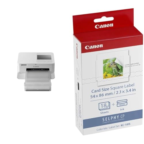 Canon SELPHY CP1500 Mini Fotodrucker (Druck bis Postkartengröße 10x15cm, USB-C, WLAN, kabellos) weiß, Klein & KC-18 is 5 x 5cm Sticker-Papier für Selphy Drucker von Canon