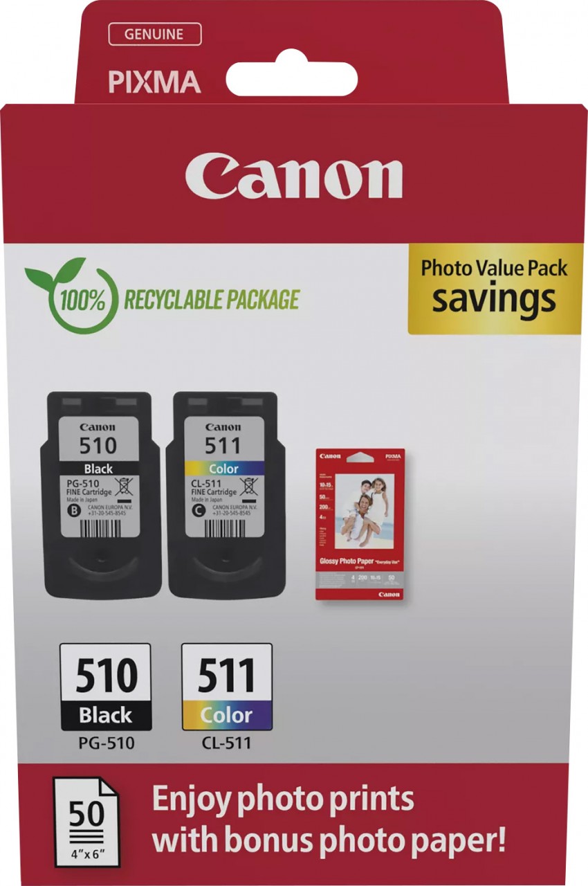 Canon Tinten Kombipack PG-510/CL-511 schwarz/color inkl. 50 Blatt Fotopapier 10x15cm Canon Tinten Kombipack PG-510/CL-511 schwarz/color inkl. 50 Blatt Fotopapier 10x15cm von Canon