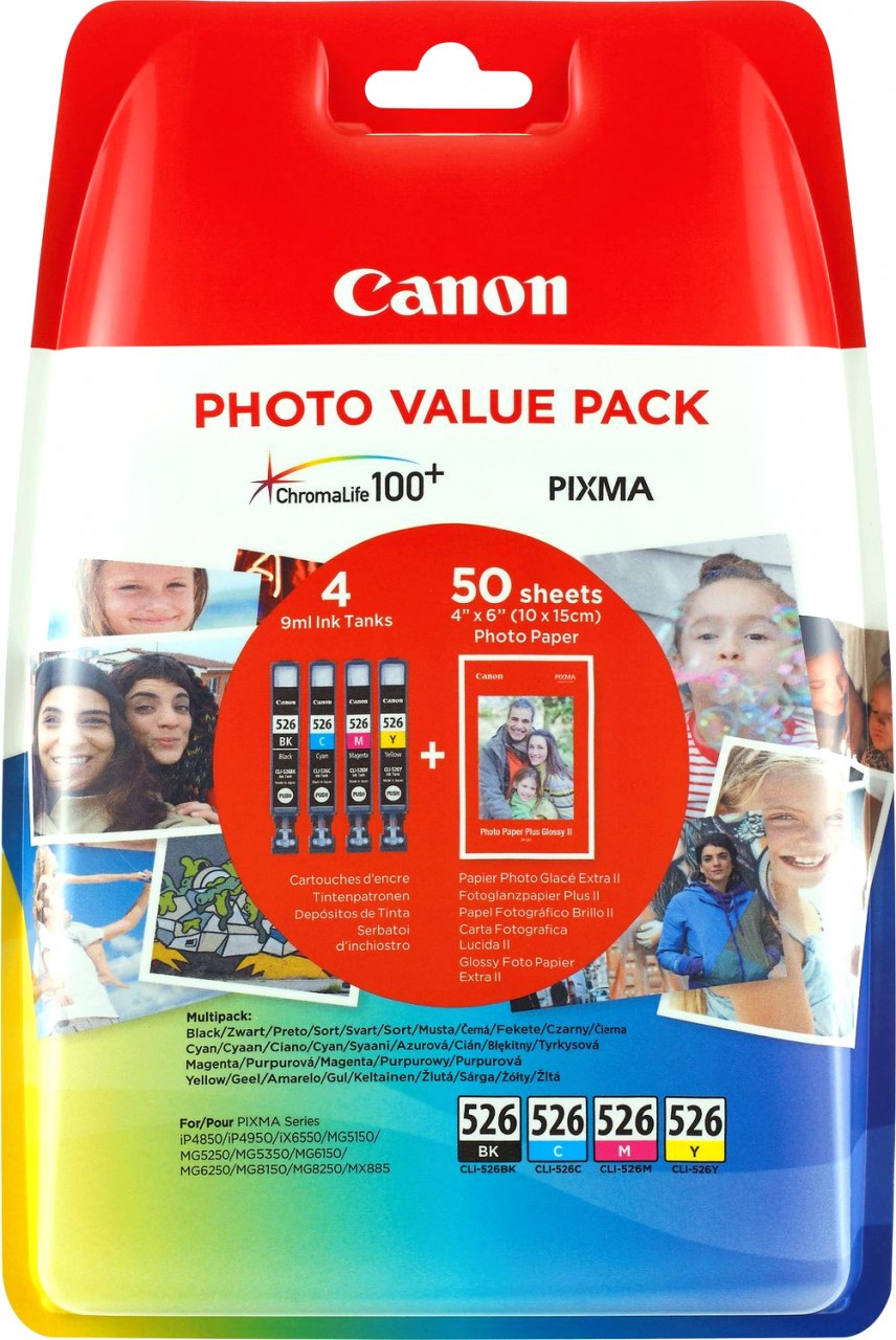 Canon Tinten Multipack CLI-526BK/526C/526M/526Y inkl. 50 Blatt Fotopapier 10x15cm Canon Tinten Multipack CLI-526BK/526C/526M/526Y inkl. 50 Blatt Fotopapier 10x15cm von Canon
