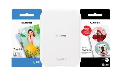 Canon Zoemini 2 Mini Fotodrucker mobil tragbar unterwegs Hosentasche PRINTING KIT (Fotodruck 5x7,6 cm, für Smartphone + Tablet, eingebauter Akku) perlweiß [+ 20er ZINK Druck-Set + 10er Circle Sticker] von Canon