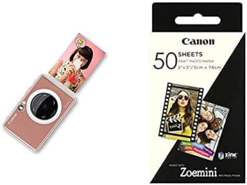 Canon Zoemini S Sofortbildkamera digital 8 MP (inkl. Mini Fotodrucker, Sucher, Ringblitz, Selfie Spiegel (36x24mm), Micro SD Kartenslot, 188g), Rose Gold & Zoemini Zink Fotopapier, 50 Blatt von Canon