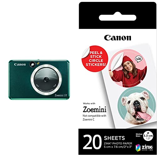 Canon Zoemini S2 Sofortbildkamera Fotodrucker+Fotopapier 10 Stk ZINK ZP-2030, aquamarin & ZINK Fotopapier Circle Sticker ZP-2030-2C(Für Canon Zoemini Fotodrucker, Papierformat 5x7,5cm), 20 Blatt, Weiß von Canon