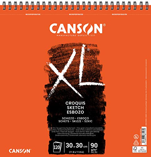 Canson 200787117 XL Skizzen Blocks, leicht gekörnt, 90 g/m², 120 Blatt pro Block "Spirale an der kurzen Seite", 300 x 300 mm, creme von Canson