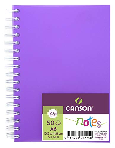 Canson - Notizbuch mit 50 Blatt für Notizen und Zeichnungen, Format A6, 120 g, Spiralbindung, Umschlag aus Polypropylen, Violett von Canson