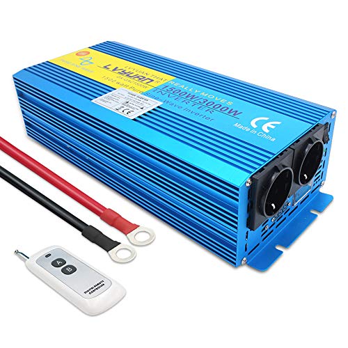 Cantonape 1500W/3000W Reiner Sinus Spannungswandler Wechselrichter 12V auf 230V Umwandler-Inverter Konverter mit 2 EU Steckdose und Kabellose Fernbedienung und LED-Anzeige von Canton Ape